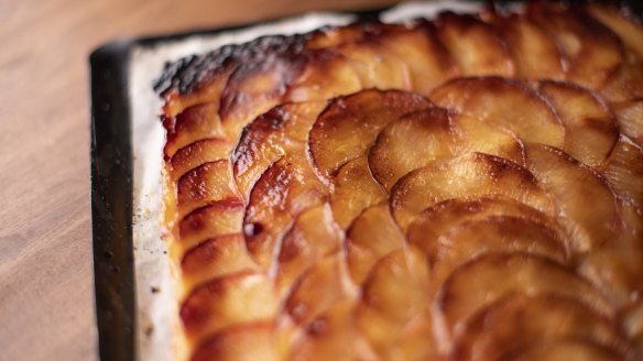 A square of caramelised apple tart is delightful.