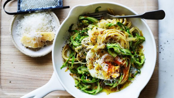 Put an egg on it: Adam Liaw's easy asparagus pasta.