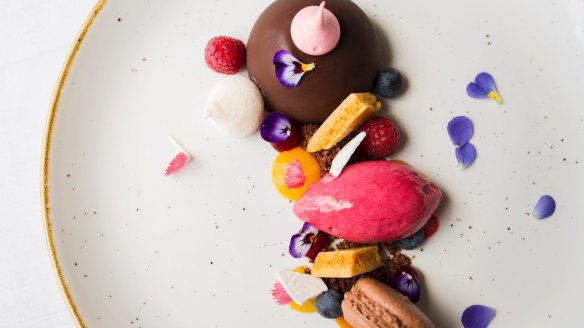 Chilled chocolate fondant with raspberry sorbet. 