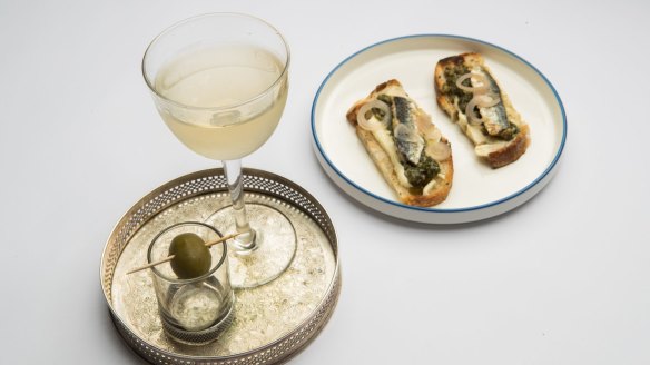 Sardines on toast and smoked olive martinis are available from brunch to dinner. 