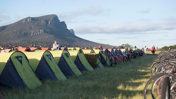 Camping on the Dunkeld Racecourse. Mount Abrupt overlooks the site.