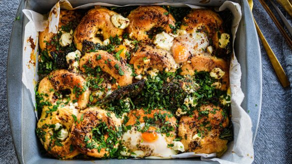 Baked eggs with mini bagels and spiced butter.