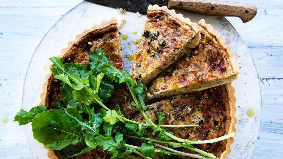 Red wine, caramelised onion and cheddar quiche.
