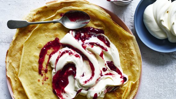 Swedish-style pancakes with jam and cream.