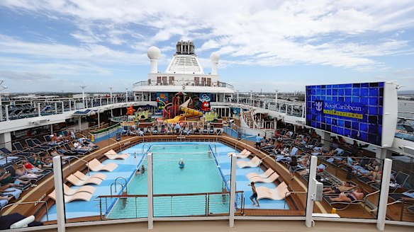On the pool deck of the Ovation of the Seas, which docked in Brisbane on Wednesday on its maidan voyage for Royal Caribbean International.