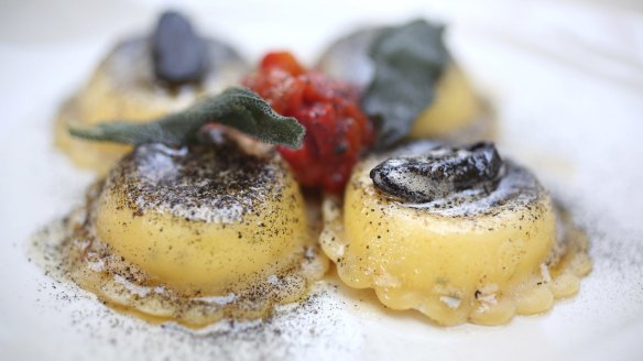 Ravioli with ricotta, burnt leek and black garlic.