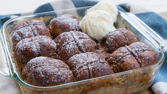 Spice up your buns: turn them into a choc orange hot cross bun pudding.