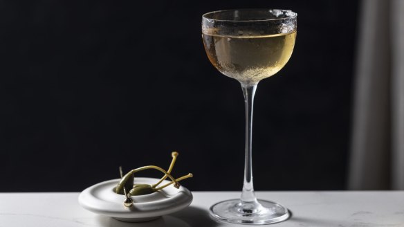 Sky High martini made with oyster shell gin, grappa and manzanilla sherry.