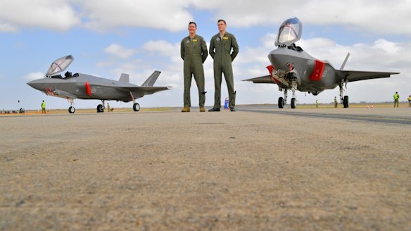 Pilots David Bell and Andrew Jackson with Joint Strike Fighters  at Avalon.