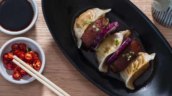 Oriental Teahouse: Flame-thrower pulled pork dumplings and slices of pork belly.