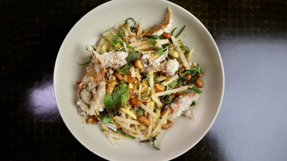 Gluten-free nashi pear salad with lime juice, palm sugar, chilli, peanuts and crispy fish.