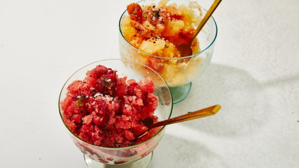 Alison Roman summer fruit recipes. Good Food use only. Single use only. Image downloaded during NYT Cooking trial Jan-Feb 2020. Frozen melon inspired by Italian ice, in New York, July 23, 2019. Lime juice and zest keep it from veering too sweet and one-dimensional in flavor. Food Stylist: Alison Roman. (Michael Graydon &amp; Nikole Herriott/The New York Times).ÃÂÃÂ 