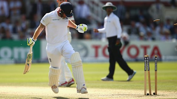 Brain fade: Ben Stokes is run out by Mitchell Johnson.