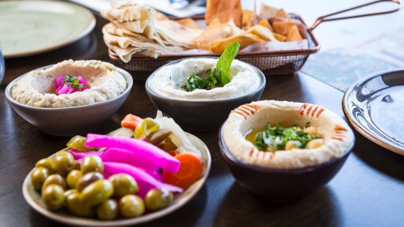 Dips, olives and pickles to start.