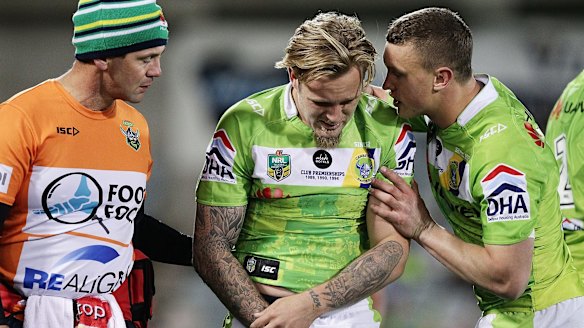 After shoulder surgery in the off-season, Blake Austin, centre, will make his comeback to the NRL from the bench on Saturday.