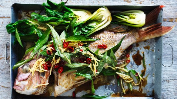 Steamed snapper with fried ginger, chilli and Vietnamese mint.