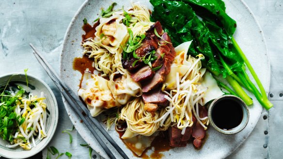 Sliced char siu pork can be added to many meals, such as dry wonton noodles.