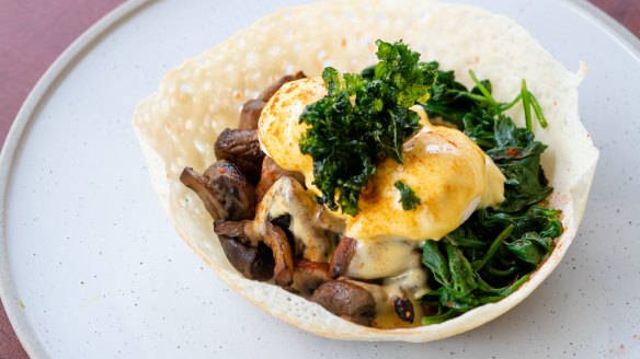The hopper Benedict comes with paprika hollandaise, poached eggs and sauteed mushrooms. 