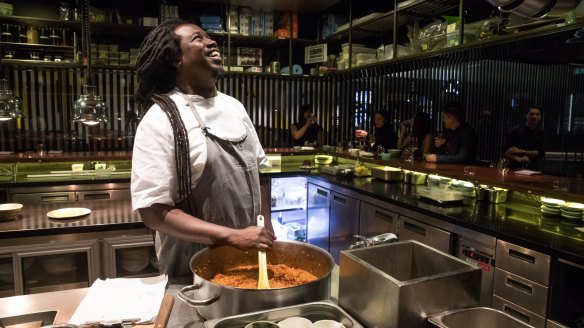 Chef Paul Carmichael in Momofuku Seiobo's open kitchen.