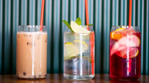 Milk bubble tea (left), rose sangria spritz and mojito mocktail.