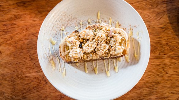 Sourdough topped with peanut butter, banana, granola and honey from Burgers Anonymous.