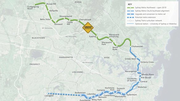 A map of the new metro line from Sydney's north-west to the south-west via the CBD. 