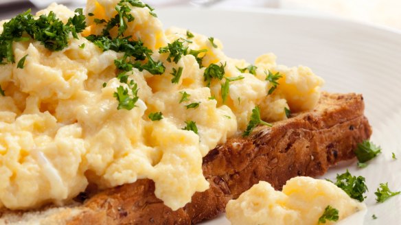 Right first dine: Scrambled eggs on toasted wholegrain bread.