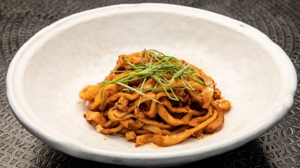 Chinese bolognese with 'nduja, XO sauce and prawn floss at Little Valley in Brisbane. 