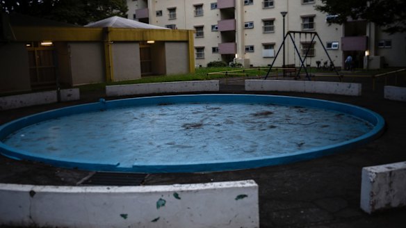The now empty children's wading pool at the danchi, or housing complex, in Tokiwadaira.