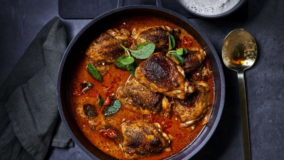 Butter chicken tray bake with white bean mash (top right).