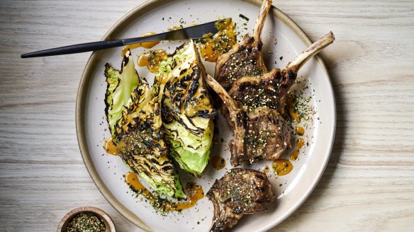 Umami lamb cutlets with miso butter and cabbage make a low carb meal. 