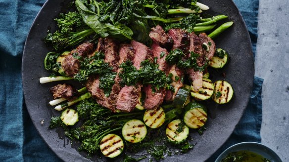 Steak with barbecued greens.