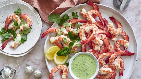 Prawns with green mustard mayonnaise.