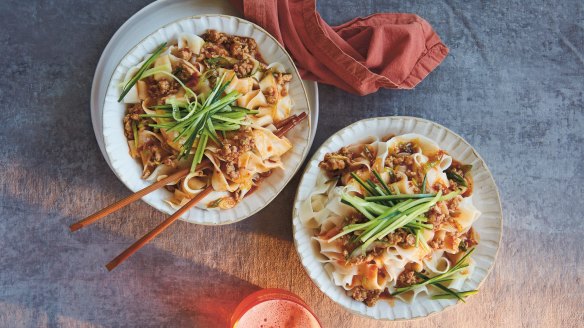 Spicy noodles with pork and chilli oil.