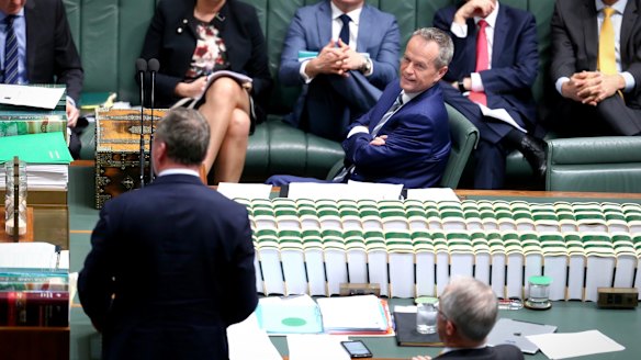 Opposition Leader Bill Shorten , Deputy Prime Minister Barnaby Joyce and Prime Minister Malcolm Turnbull during question time earlier this month.
