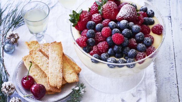 Limoncello mousse topped with berries and served with optional coconut wafers (left).