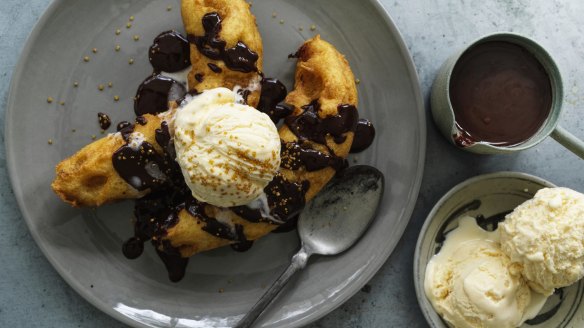 Old-school redux: Banana fritters with cinnamon chocolate sauce.