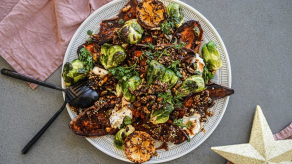 Roasted sweet potato and brussels sprouts.