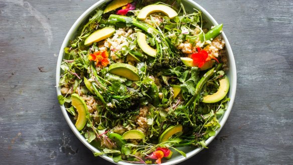 Miso rice, edamame and charred greens salad.