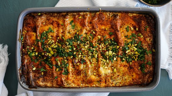 Strained yoghurt (labna), zaatar and aleppo pepper add a Middle Eastern twist to vegetarian lasagne.