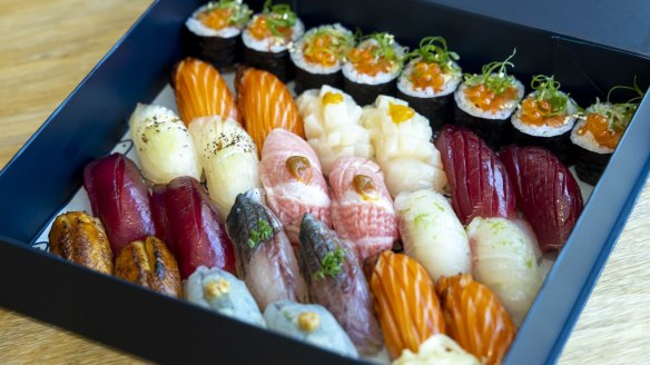 Uminono's signature omakase box ($140) includes 22 nigiri and eight pieces of maki roll.