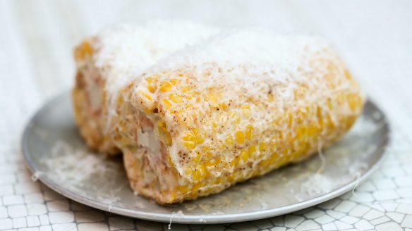 Haloumi-covered corn elotes.