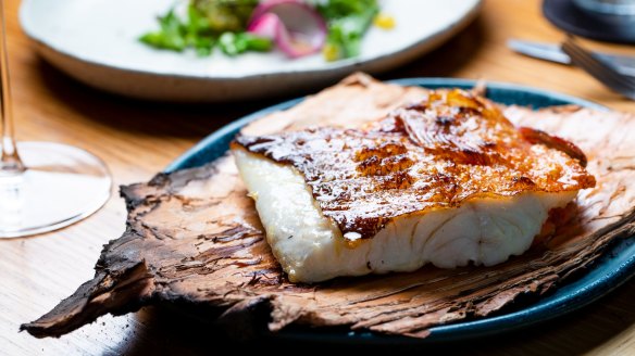 Coral trout served with desert lime and pil pil.