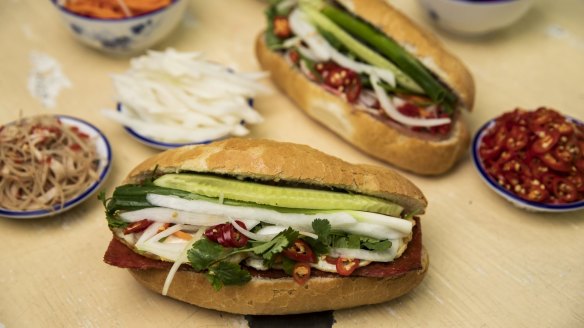 Pork banh mi comes with loads of fresh vegetables.