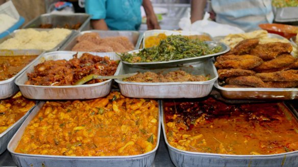 Assorted curries and snacks at a stop on the Sri Lankan street food tour.