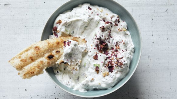 Mast-o khiar, or Persian cucumber and herb yogurt, in New York, April 25, 2019. Yogurt, both plain and with cucumbers, is a staple of Iranian tables. Food Stylist: Simon Andrews. Prop Stylist: Paige Hicks. (Con Poulos/The New York Times)
 Persian cucumber and herb yoghurt by Samin Nosrat.
