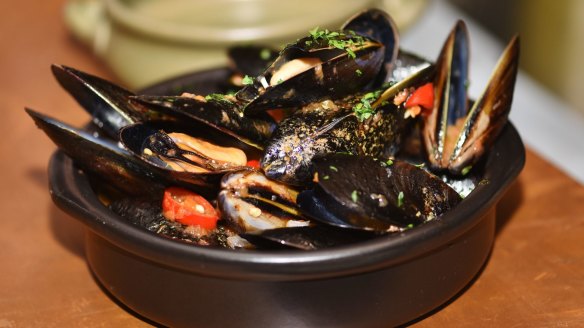 Mussels with tomato, chilli and garlic at Opa Greek Meze Bar.