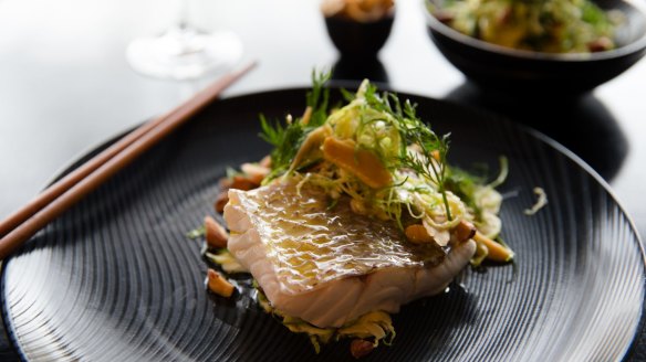 Hamish Ingham's steamed snapper with shaved brussels sprouts and pickled turmeric.