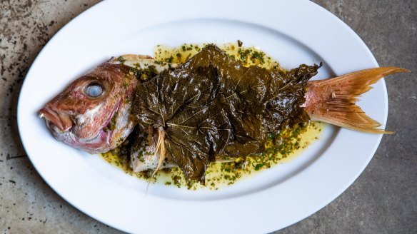 Baked snapper with burnt butter vine leaves. 