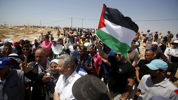 Supporters of the villagers of Susiya rallying last week against the planned  demolition of the village in the Israeli-occupied West Bank.